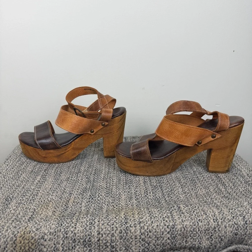 BED STU Sophie Brown Tan Leather Wood Platform Sandals 7.5